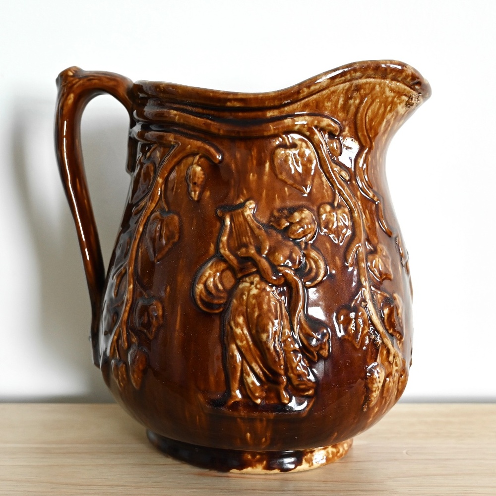 Large Antique Rockingham Pottery Pitcher w/ Angel Playing Harp